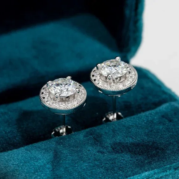 Certified 2.4 ct. t.w.Moissanite Diamond Halo Stud Earrings NEW